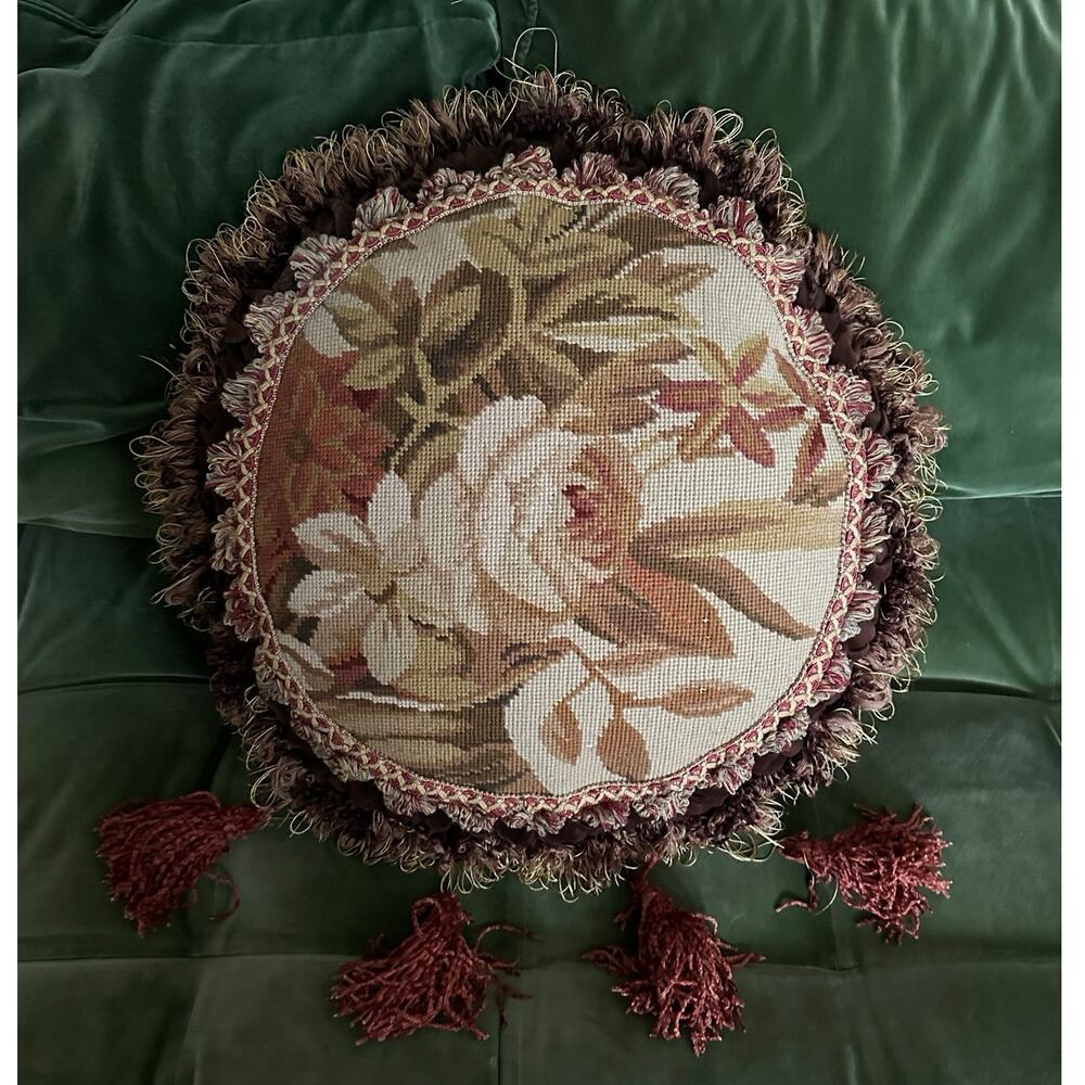 Vintage Aubusson Velvet round Pillow brown beige velvet Tassels Fringe Trim wool